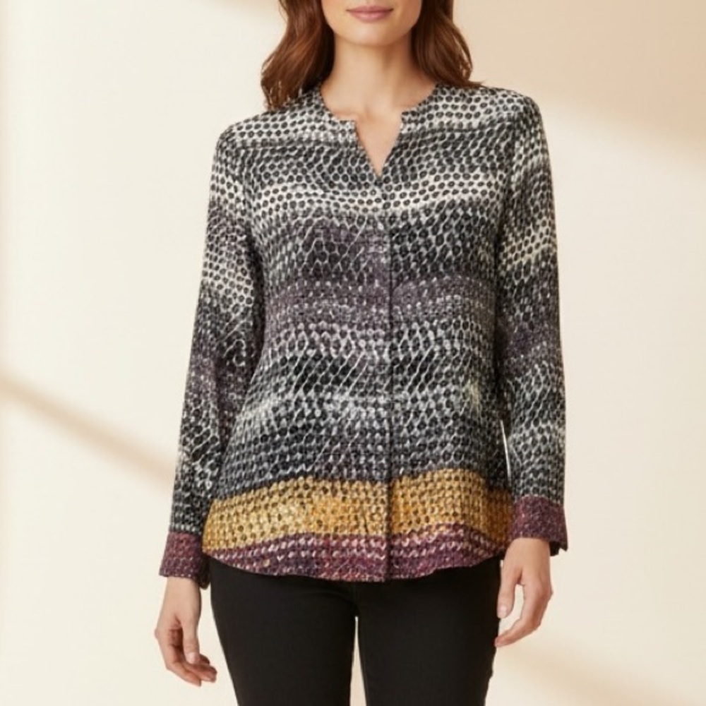 Ecru 100% Silk Geometric Ombre Print Blouse XS Multicolor Button Front